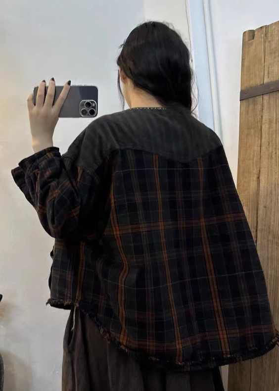 Black Brown Plaid Oversized Patchwork Big Pockets Fine Cotton Filled Coat Winter