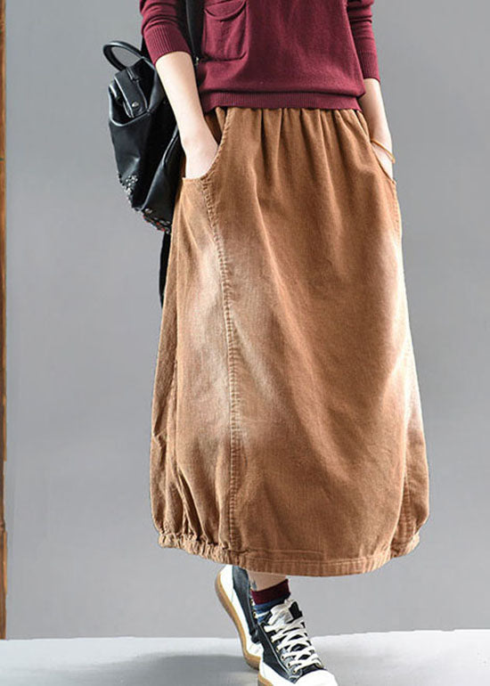 Brown Elastic Waist Corduroy Cotton Skirt