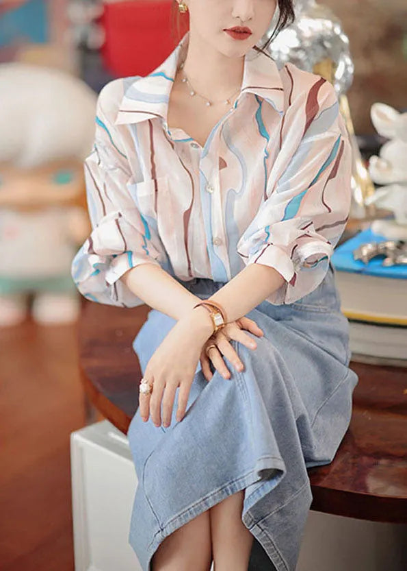 Pink Peter Pan Collar Striped Cotton Shirt and Denim Skirt Two Pieces Set Fall