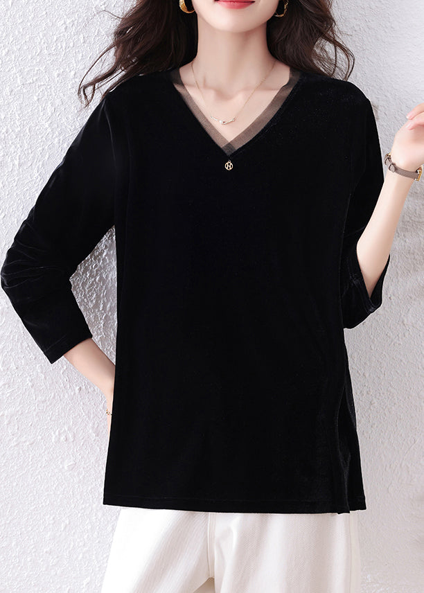 Black V Neck Patchwork Silk Velour Shirt Tops Fall