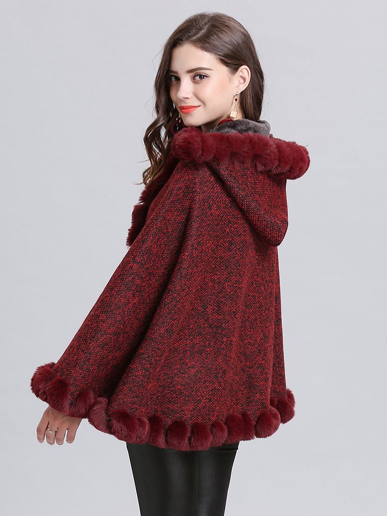 Hooded Winter Coat Faux Fur Long Sleeve Open Front Luxurious Cape Coat for