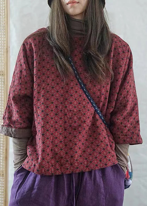 Khaki O Neck Print Chinese Button Fine Cotton Filled Top Winter