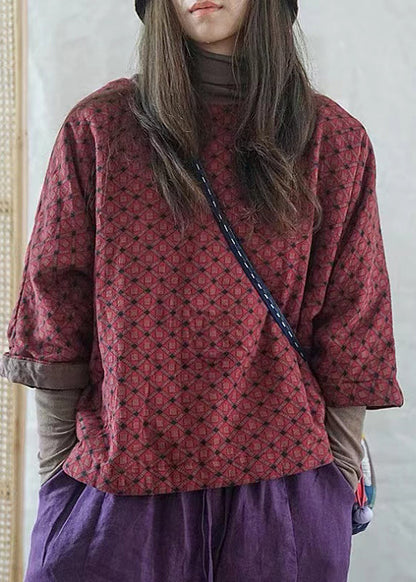 Khaki O Neck Print Chinese Button Fine Cotton Filled Top Winter