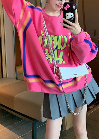 Pink O Neck Graphic Warm Fleece Loose Sweatshirts Top Spring