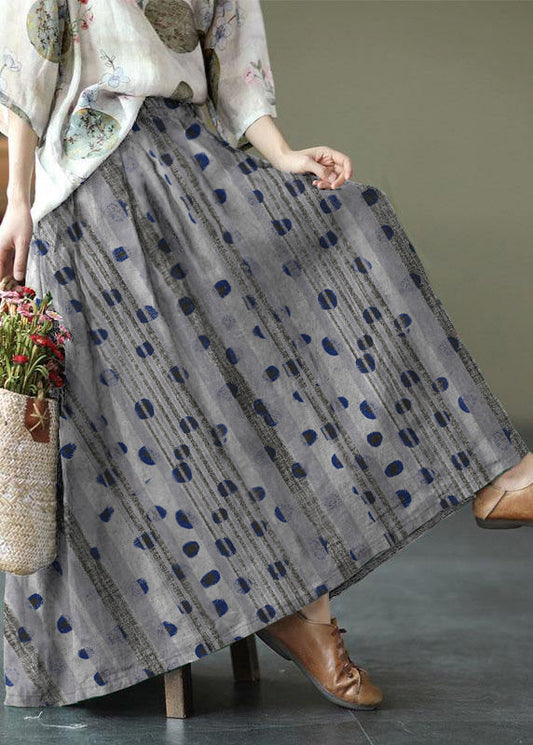 Gray Stripes Print Ramie Elastic Waist Skirt