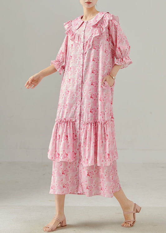 Pink Ruffled Print Chiffon Dress Spring