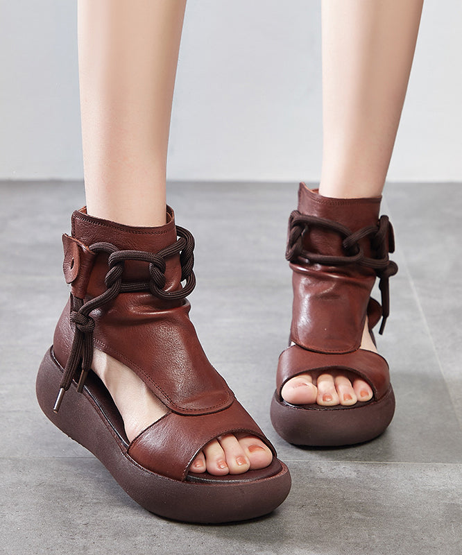 Brown Cowhide Leather Sandals Lace Up Sandals