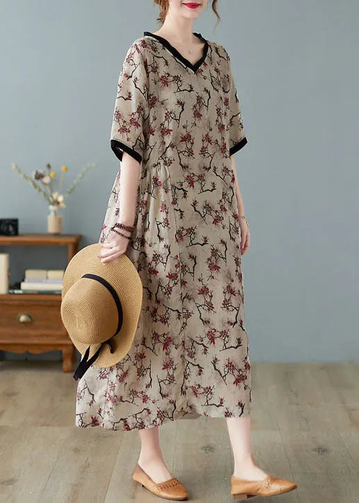 Boutique Khaki V Neck Print Linen Dresses Short Sleeve
