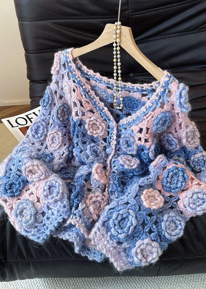 Style Gradient Color Hollow Out Decorated Knit Cardigans Fall