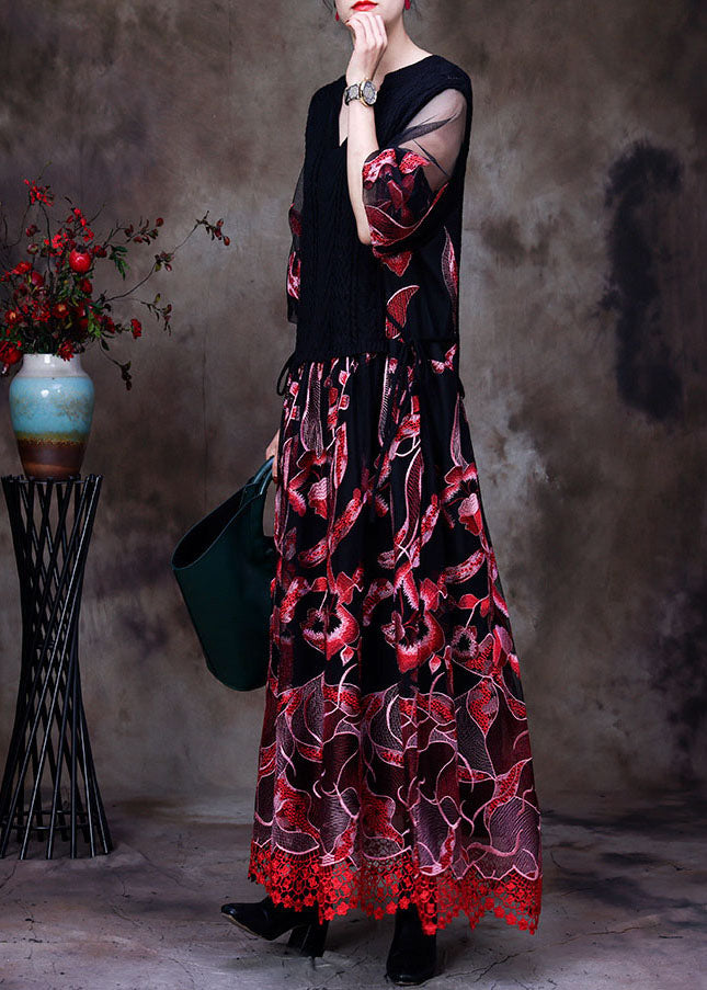 Red Lace Knit Dresses Embroideried