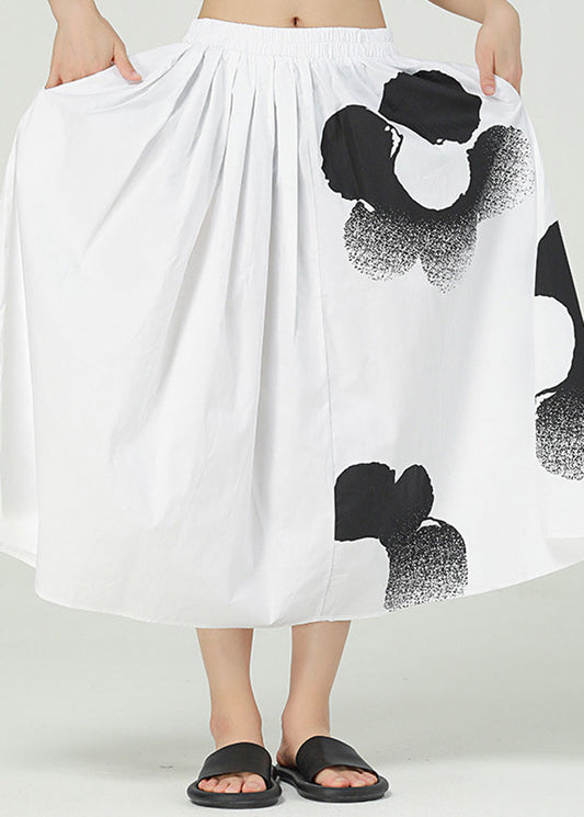 White Print Cotton a Line Skirts Elastic Waist Oversized Summer