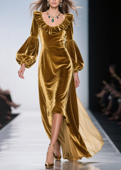 Golden Ruffles Silk Velvet Party Dresses Lantern Sleeve