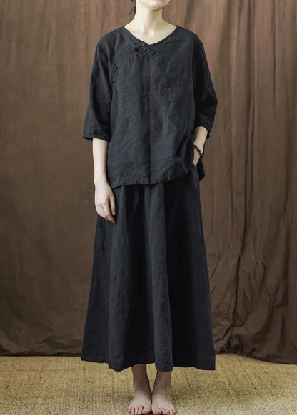 New Black Button Tops and Skirts Linen Two Piece Set Bracelet Sleeve