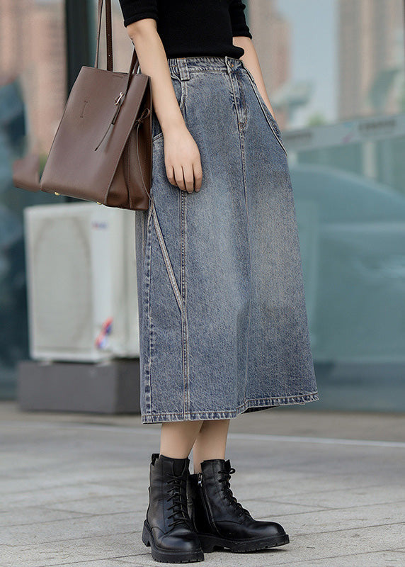 Classy Denim Blue Patchwork Elastic Waist a Line Skirt