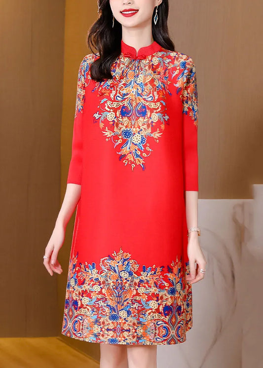 Red Print Silk Mid Dress Mandarin Collar Oriental Button Half Sleeve