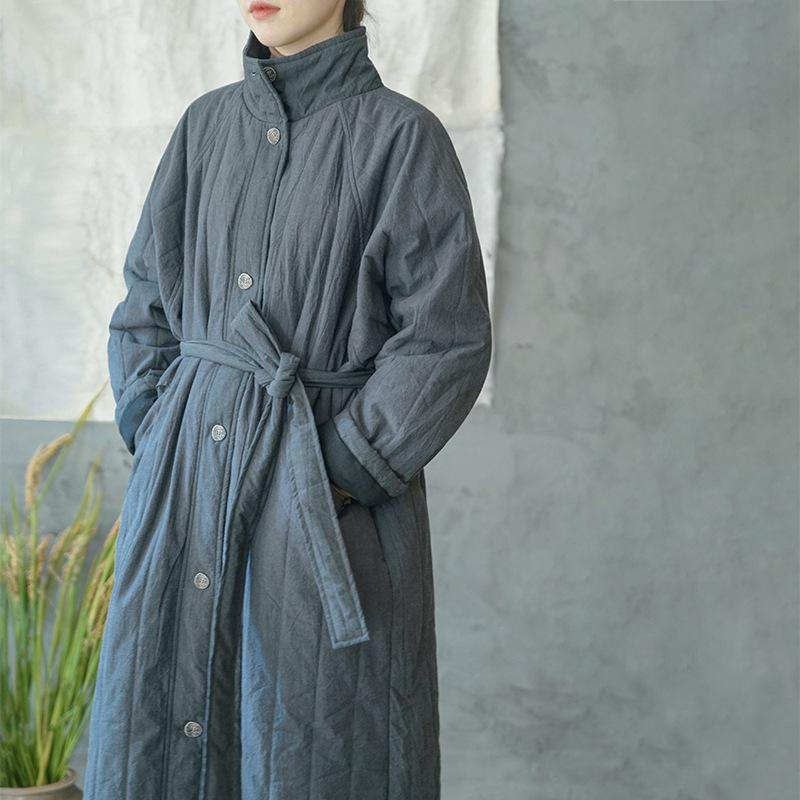 Winter Retro Quilted Lacing Belt Loose Cotton Overcoat