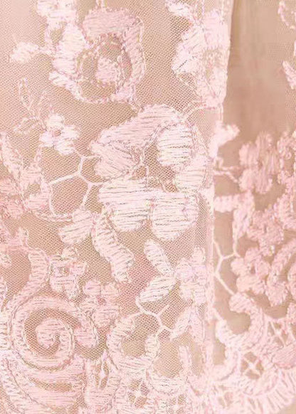Pink Slash Neck Ruffled Embroidered Tulle Top Summer