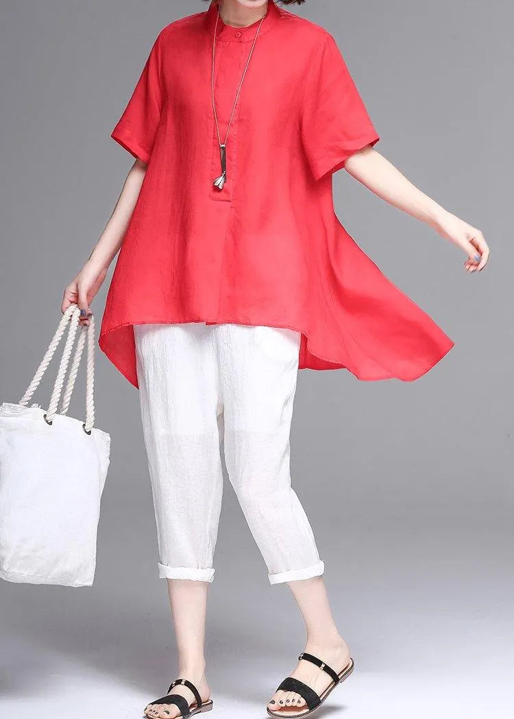 Stand Collar Asymmetric Cotton Red Box Blouse Summer