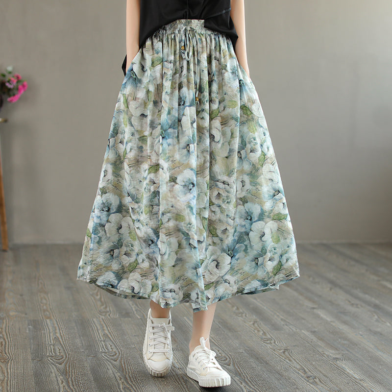 Cozy Linen Retro Loose Printed A-line Skirt