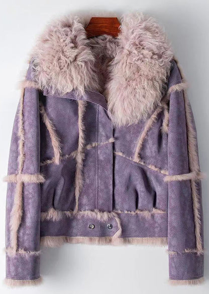 Dark Grey Zippered Patchwork Leather and Fur Coat Winter