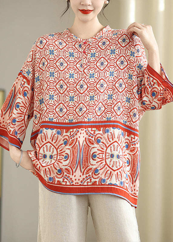 Red Oversized Print Tops Bracelet Sleeve