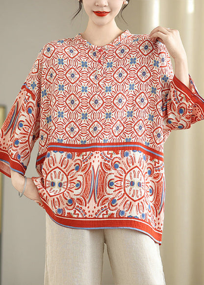 Red Oversized Print Tops Bracelet Sleeve