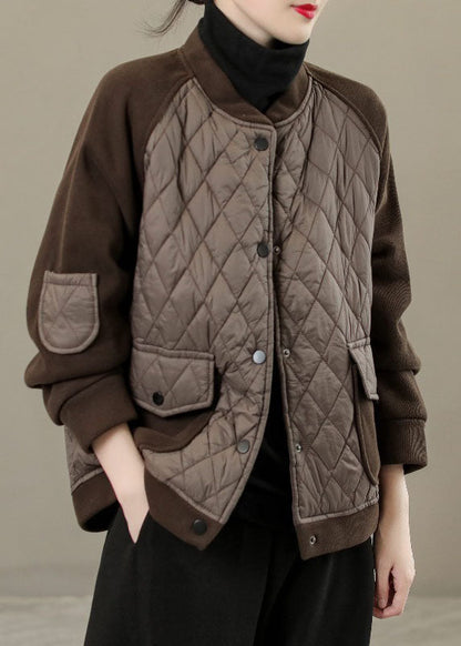 Coffee O-neck Plaid Patchwork Button Down Jackets Winter