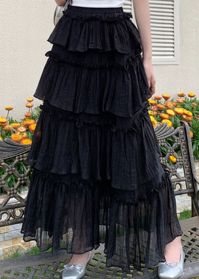Black Ruffled Patchwork Elastic Waist Cotton Skirt Summer