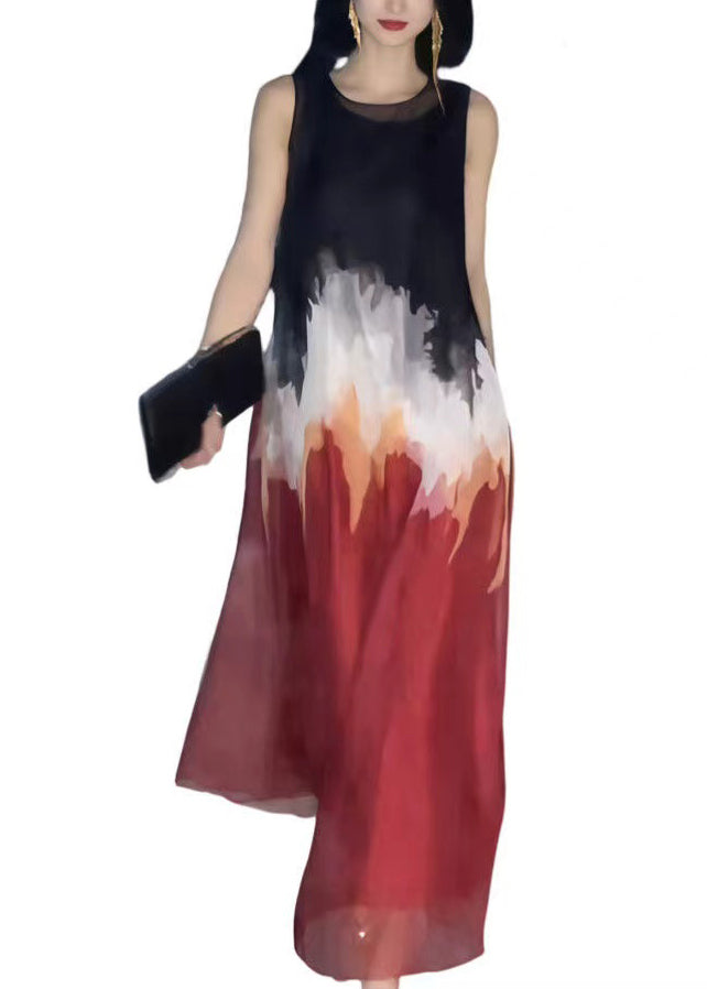Red Oversized Tie Dye Chiffon a Line Dress Sleeveless