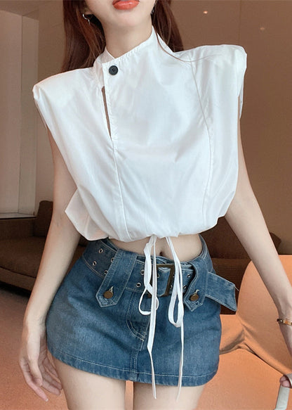 White Stand Collar Drawstring Cotton Blouse Top Sleeveless