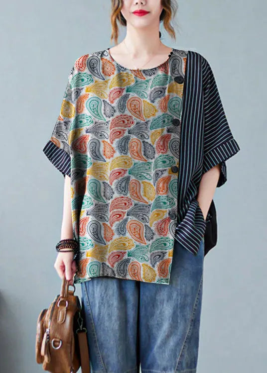 Novelty Black O-neck Striped Patchwork Button Cotton T Shirts Half Sleeve