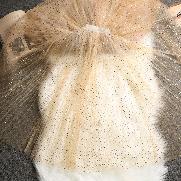 French Khaki Sequins Tulle Elastic Waist Skirts Summer