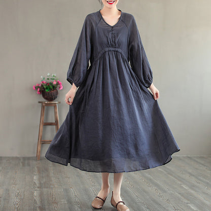 Summer Retro Loose Long Sleeve Thin Linen Dress