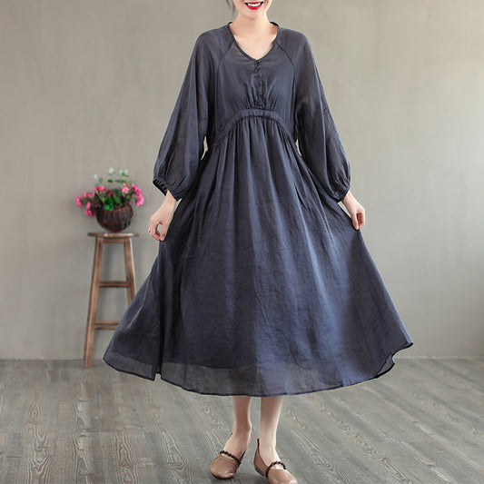 Summer Retro Loose Long Sleeve Thin Linen Dress