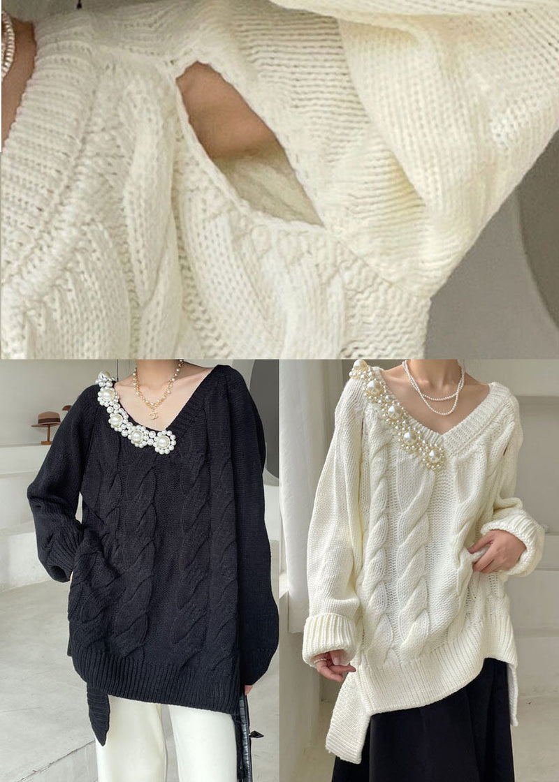 White V Neck Thick Knit Sweaters Winter