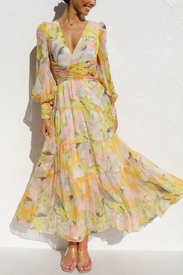 Yellow Olena Abstract Balloon Sleeves Maxi Dress