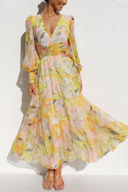 Yellow Olena Abstract Balloon Sleeves Maxi Dress
