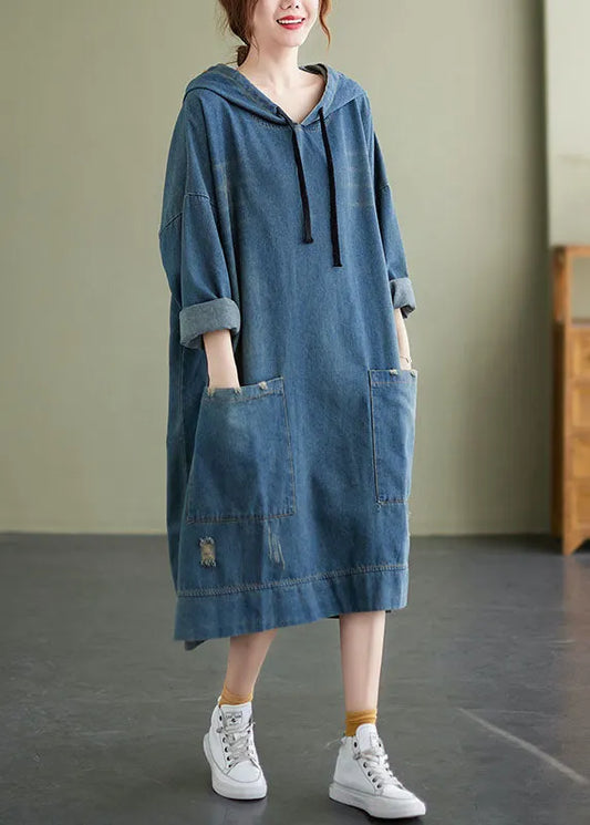 Blue Hooded Drawstring Denim Dress