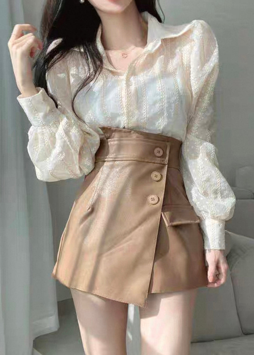 Beige Lace Button Cotton Shirts Puff Sleeve