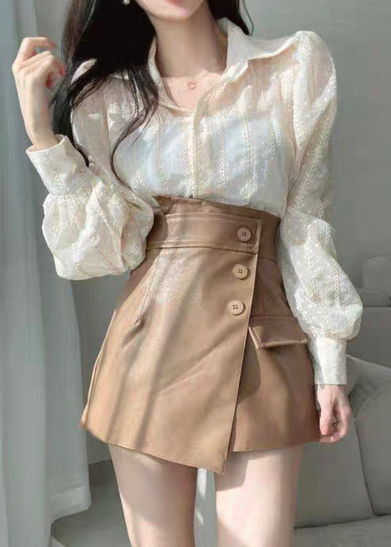 Beige Lace Button Cotton Shirts Puff Sleeve