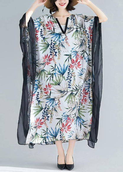 Flowy V Neck Patchwork Chiffon Outfit Online Shopping White Print Kaftan Dresses Summer