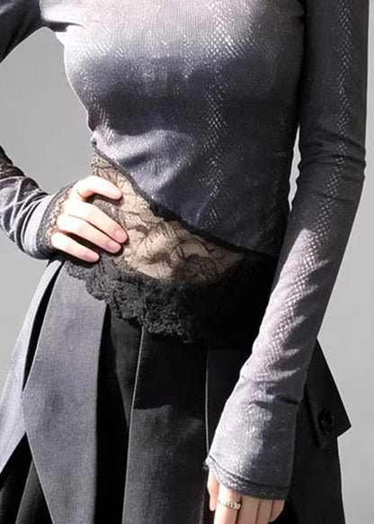Stylish Grey Asymmetrical Lace Patchwork T Shirts Spring
