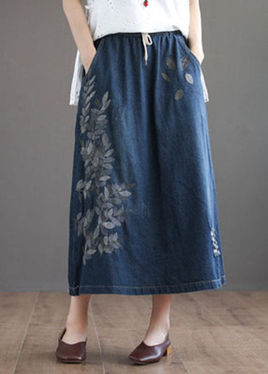 Dark Blue Pockets Cotton Denim Skirt Elastic Waist Ripped Summer