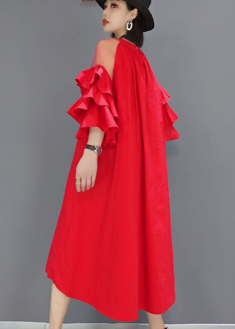 Modern Red Wrinkled Tulle Patchwork a Line Skirts Butterfly Sleeve