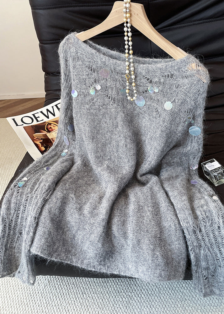 Grey Sequins Hollow Out Knitted Tops Fall