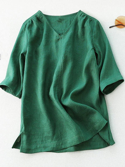 Pure Color V Neck Half Sleeve Linen Tee Top