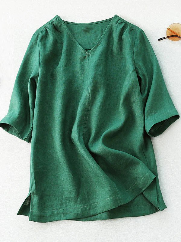Pure Color V Neck Half Sleeve Linen Tee Top