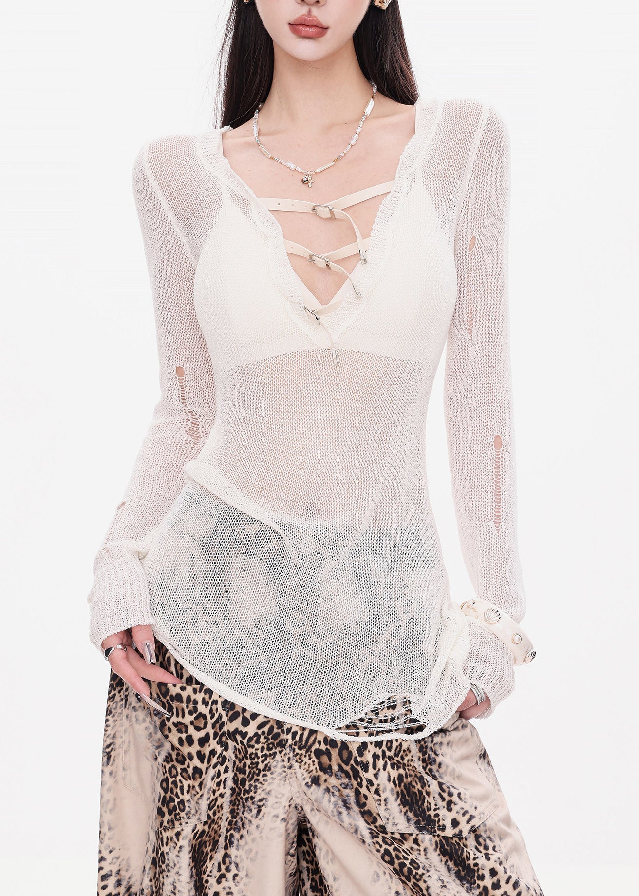 White Hollow Out Knit Top Spring