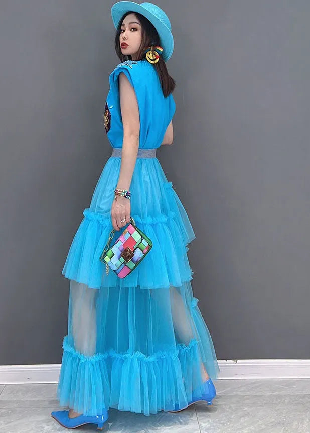 French Blue Applique Ruffled Patchwork Tank Top and Handmade Tulle Skirt Two Pieces Set Summer