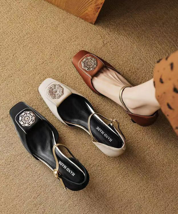 Brown Cowhide Leather Splicing Sandals Buckle Strap